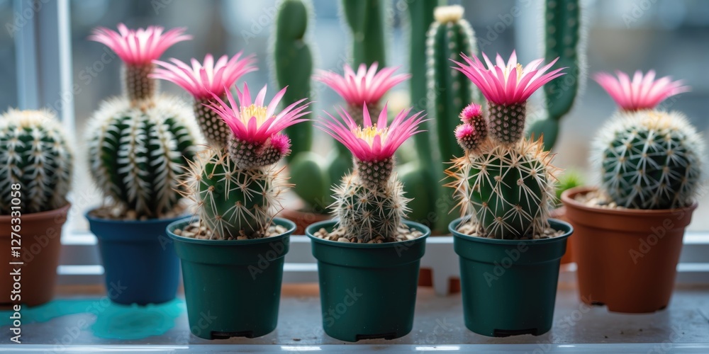 Poster colorful flowering cacti in pots positioned on a windowsill with blurred background of additional ca
