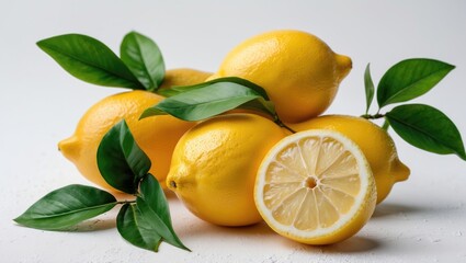 Fresh lemons with green leaves arranged on a white background, featuring one lemon cut in half to reveal the juicy interior.