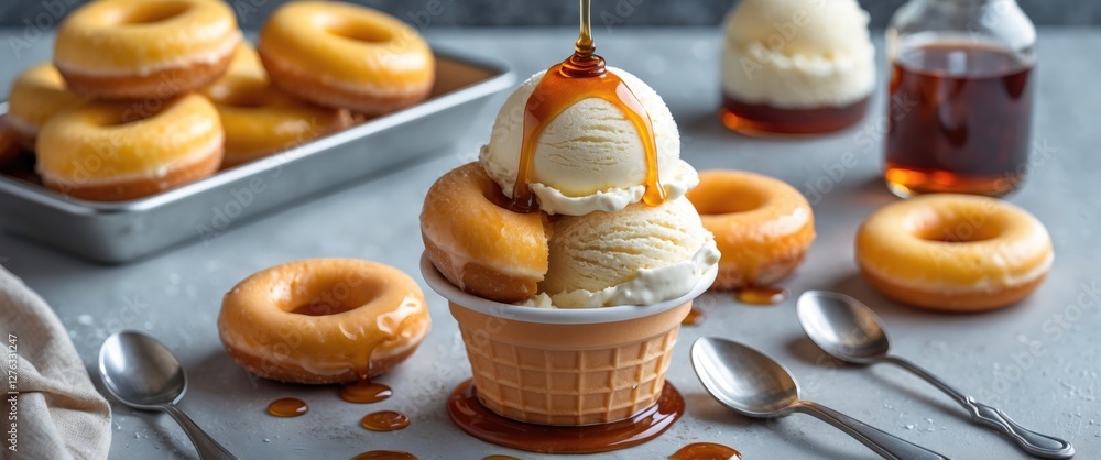 Poster ice cream scoops in a waffle cone topped with syrup surrounded by glazed donuts and spoons on a text