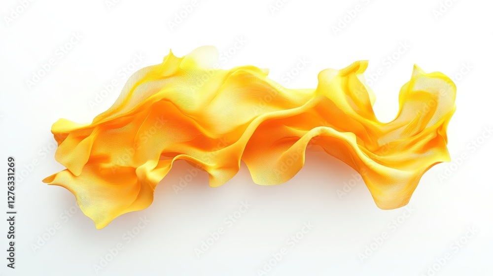 Poster flowing yellow fabric on white background with rippled texture and soft shadows