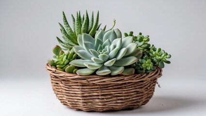 Obraz premium Succulent plants arrangement in a woven basket on a plain background indoor gardening decorative concept