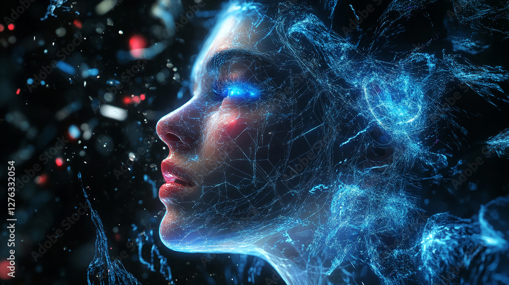 Poster futuristic portrait of a woman with glowing digital network lines and floating data, symbolizing the