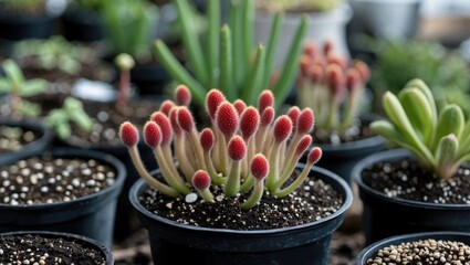succulent plants with fuzzy red tips in black pots surrounded by various greenery and soil in a greenhouse setting