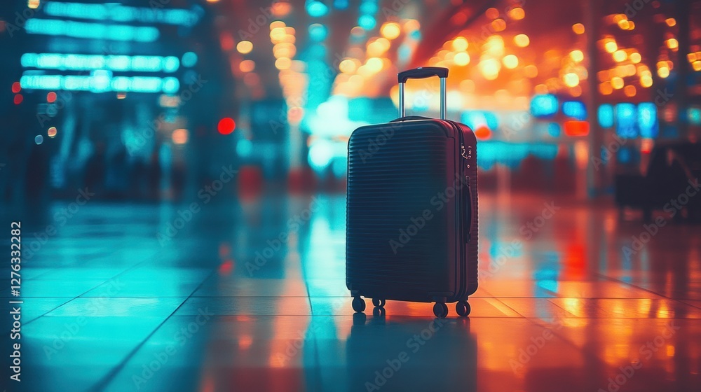 Poster suitcase waiting for a journey at the airport terminal with blurred background and neon lights effec