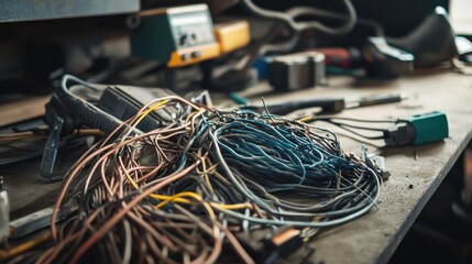 Damaged cables scattered on a mechanic’s workbench. Featuring exposed copper and frayed insulation