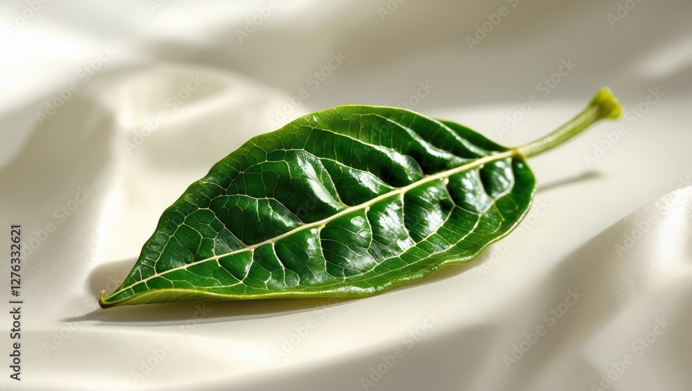 Poster macro close-up of a single vibrant green leaf resting on a smooth elegant fabric background with sof