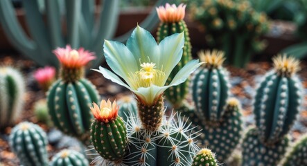 Fototapeta premium Cacti with vibrant flowers in a botanical garden setting featuring a close-up of a blooming cactus flower.