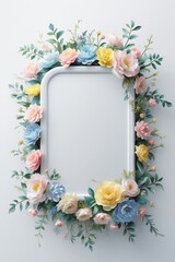 A beautiful floral frame featuring pastel blooms and lush greenery surrounds a blank space. Ideal for showcasing art or photographs, this charming and elegant design adds a touch of romance and spring