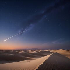 A breathtaking night scene shows a bright meteor streaking across a starry sky above tranquil sand dunes. This serene desert landscape captures the beauty of nature, ideal for cosmic themes.