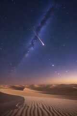 A breathtaking night scene shows a bright meteor streaking across a starry sky above tranquil sand dunes. This serene desert landscape captures the beauty of nature, ideal for cosmic themes.
