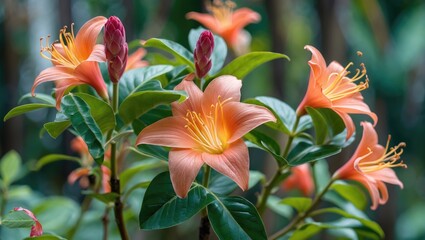 Fototapeta premium Orange tropical flowers with green leaves in a natural setting, featuring buds and blooms against a blurred background.