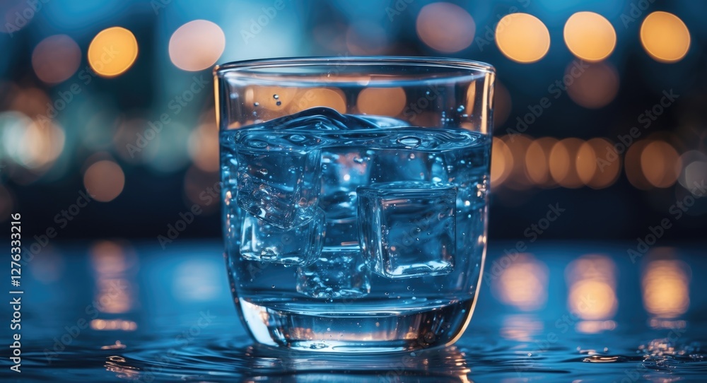 Poster glass of water with ice cubes on reflective surface and blurred bokeh background of lights in evenin