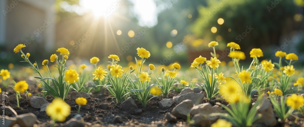 Poster vibrant field of yellow flowers in sunlight with soft bokeh background highlighting soil and garden 