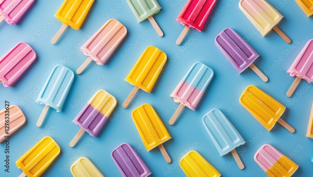 Poster colorful ice cream popsicles on blue background arranged in a flat lay pattern displaying various sh