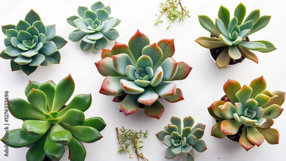 Poster assorted collection of colorful succulent plants arranged on a white background with leaves and stem