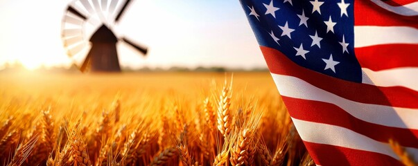 American Flag Waving Proudly in Golden Wheat Field at Sunset with Vintage Windmill Backdrop Scene