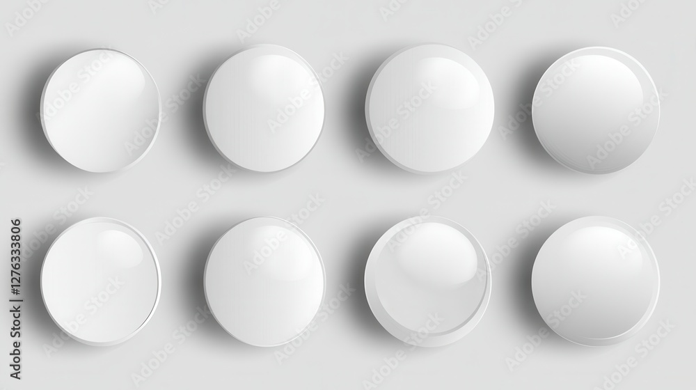 Poster set of eight blank 3d white round buttons on light gray background
