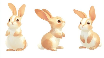 Fototapeta premium Three cute cartoon bunnies sitting side by side with big ears and fluffy tails
