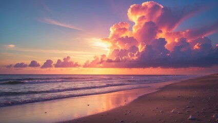 Obraz premium Colorful sunset over ocean with vibrant clouds reflecting light on sandy beach