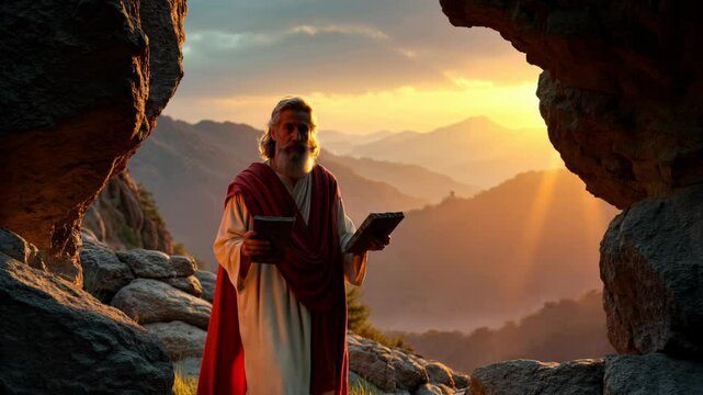Moses, with a long white beard and ancient robes, stands on a rocky mountain at sunset, holding two stone tablets. The golden sunlight highlights the dramatic and spiritual atmosphere.