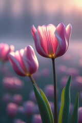  A bright pink tulipanon bathed in soft morning light, surrounded by a misty atmosphere. This charming floral scene captures the essence of spring and natural beauty, perfect for floral themes.