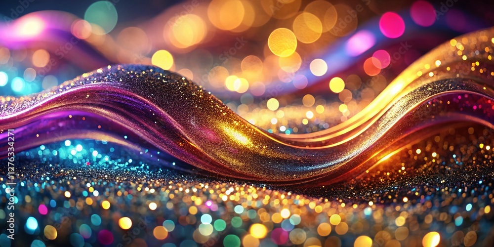 Poster shimmering metallic wave texture with glowing light effects - abstract background