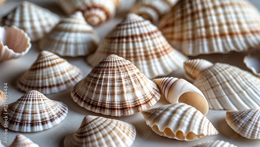 Poster close-up of assorted sea shells with varying shapes and patterns displayed on a light background