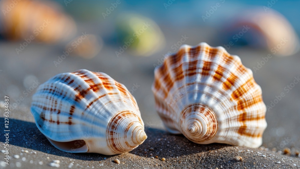 Aufkleber close-up view of two sea shells on sandy beach with blurred background of other shells and ocean in 