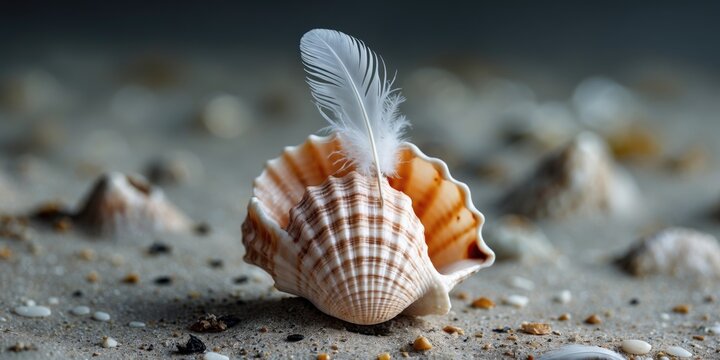 Sea shell with decorative white feather placed on sandy surface among small stones in natural light setting.