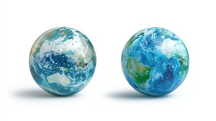 Fototapeta premium Two artistic globes with unique planetary designs on white background