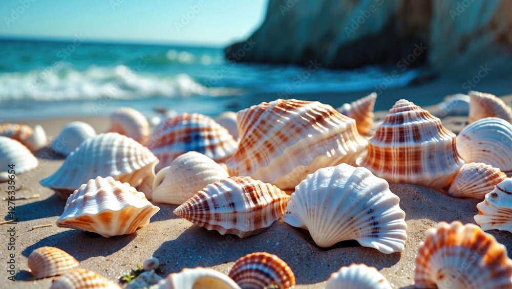 Poster close-up of various seashells on sandy beach with ocean waves in background under bright sunlight. n