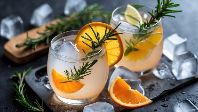 Citrus drinks with orange and lemon slices garnished with rosemary on a dark surface with ice cubes and fresh herbs - Powered by Adobe