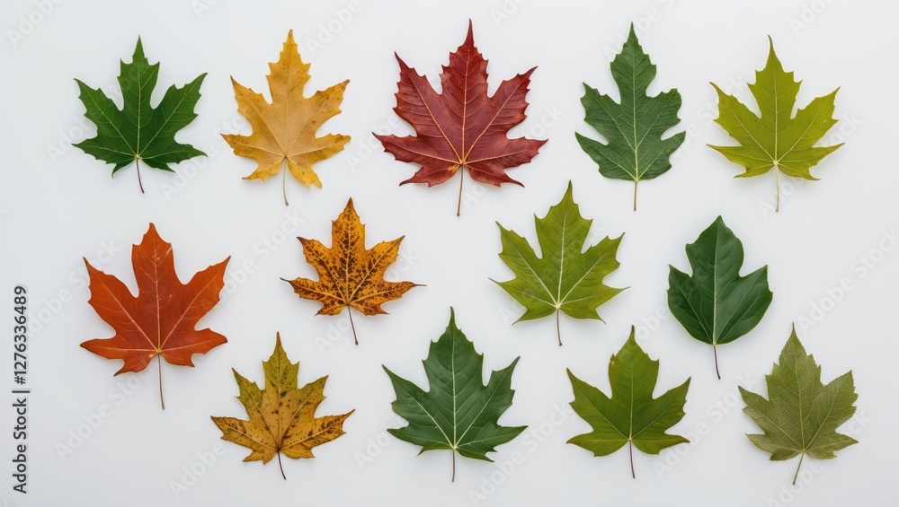 Poster collection of various maple leaves in different colors arranged on a white background depicting seas