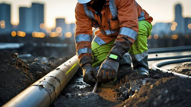 Construction worker wearing safety gear repairing underground pipelines at an urban excavation site during sunset

