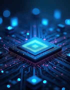 AI High-Tech Quantum Computer with Digital Holographic Data Processing. AI-driven computing marketing, cybersecurity branding, tech conference presentations, data science industry visuals, background