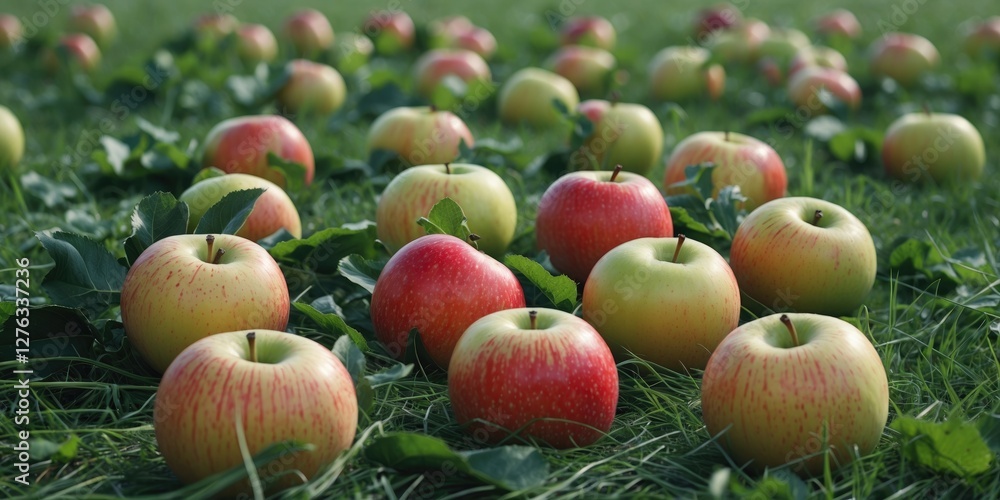 Poster red and green apples scattered on grass with leaves around in a field setting during daylight