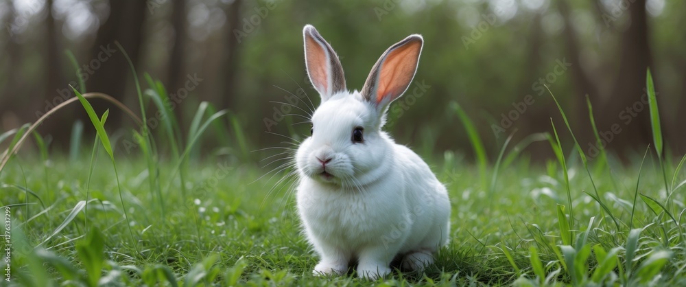 Poster white rabbit sitting on green grass in a forest setting with soft natural light and blurred backgrou