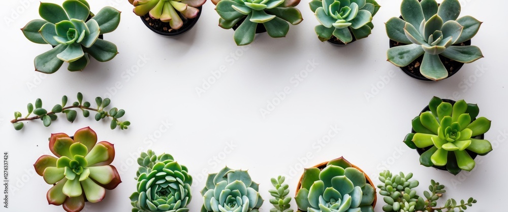 Poster assorted succulent plants arranged symmetrically on a white background with space for text and capti