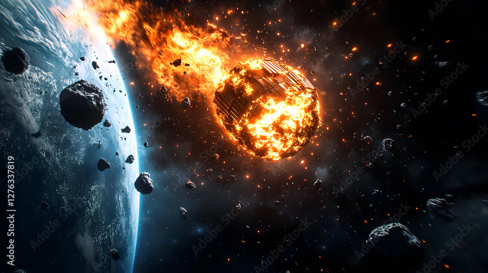 Poster fiery asteroid collision with planet dramatic space scene showing intense impact and debris field