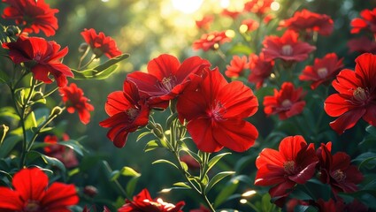 Close-up of vibrant red flowers in full bloom with soft sunlight filtering through lush green leaves in a natural garden setting.