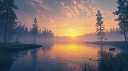 Tranquil misty lake at sunrise with reflective water and pine trees in serene forest setting