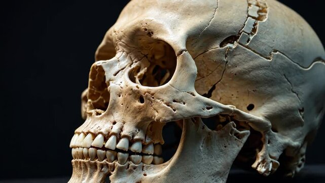 Video footage of detailed side view of a human skull with visible teeth and cranial sutures, set against a dark background, highlighting bone structure and anatomical features