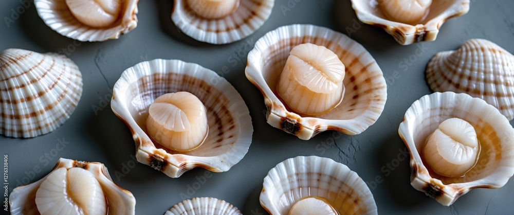 Poster fresh scallops in opened shells arranged on a textured background displaying natural colors and patt