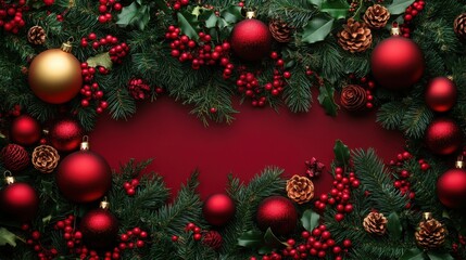 Festive christmas wreath with red ornaments and pinecones on rich red background