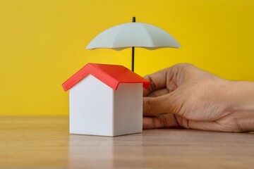 A toy house is being sheltered by a miniature umbrella held by a hand. Home insurance concept.