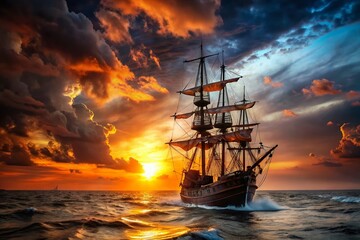 Obraz premium Silhouette Pirate Ship Skeleton Sail - Dramatic Ocean Scene Stock Photo