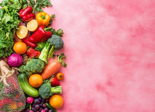 Top view of colorful vegetables and fruits in a net bag on a pink background with copy space, flat lay, 