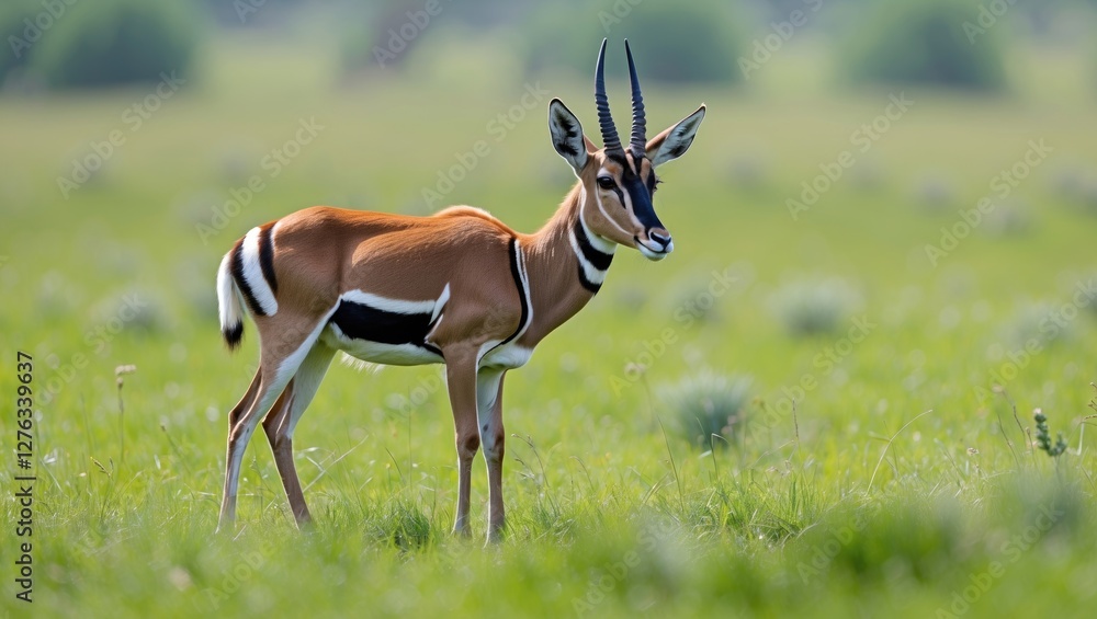 Poster antelope standing in a lush green field under soft natural light with a blurred background of trees 