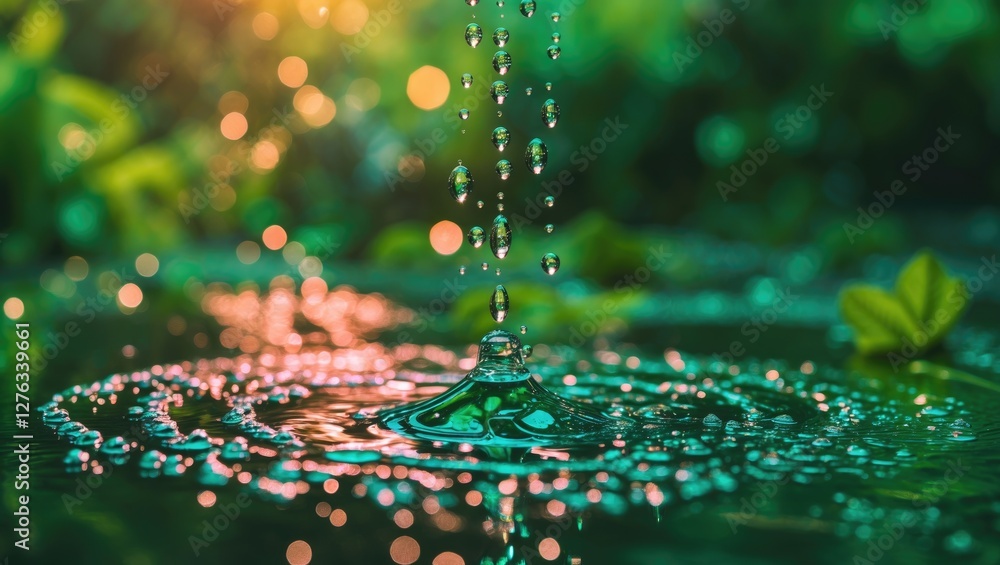Aufkleber close-up of water droplets creating ripples on a serene pond surface surrounded by lush greenery and