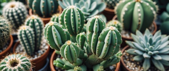 Fototapeta premium Various types of green cacti and succulents in brown pots arranged on a table in a sunny environment